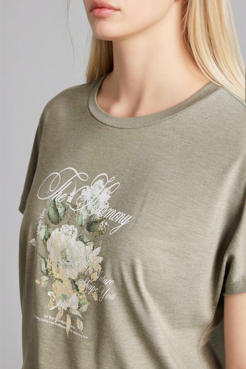 DeFacto Green Woman Crew Neck Floral Short Sleeve T-Shirt Casual - Image 4