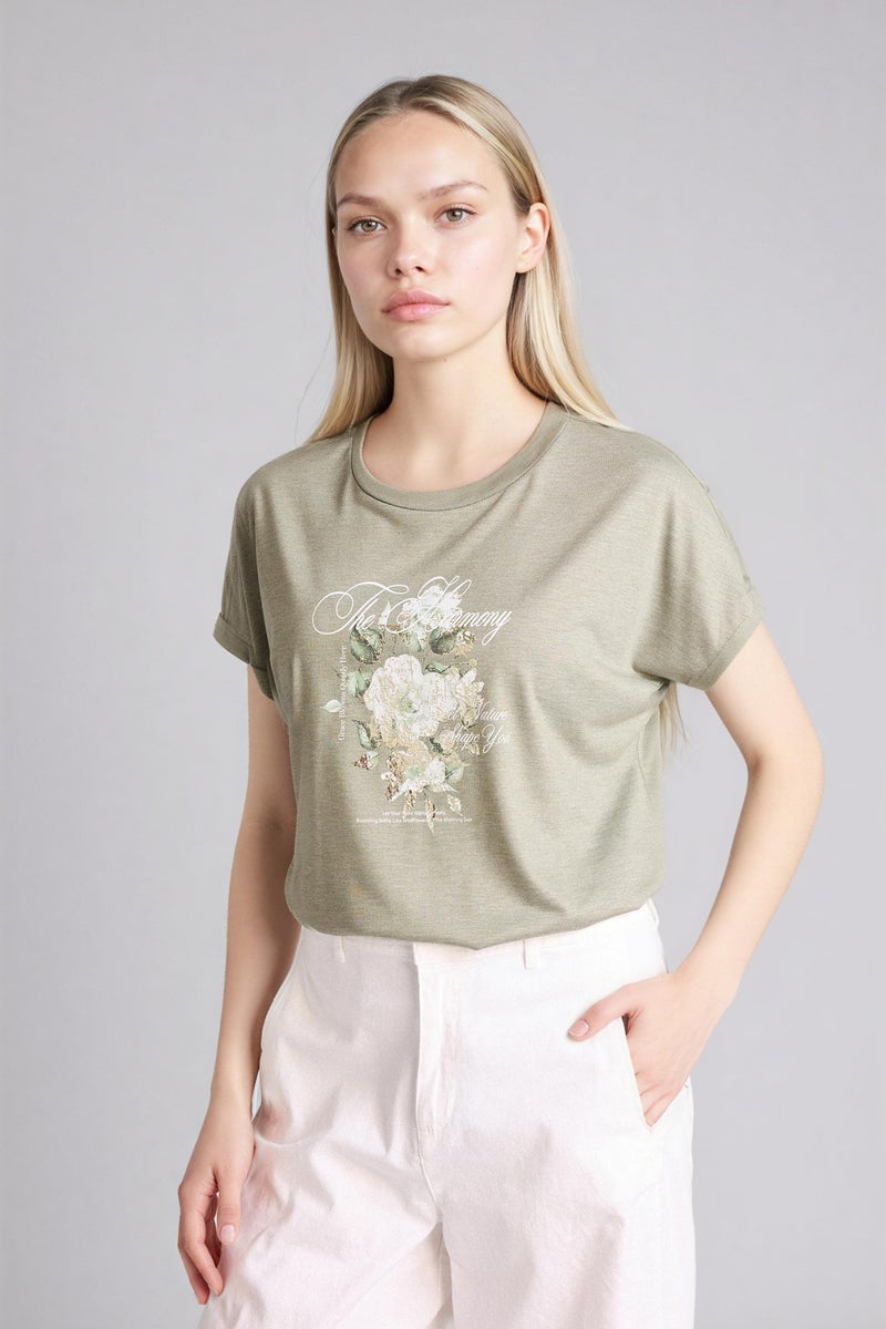 DeFacto Green Woman Crew Neck Floral Short Sleeve T-Shirt Casual - Image 3