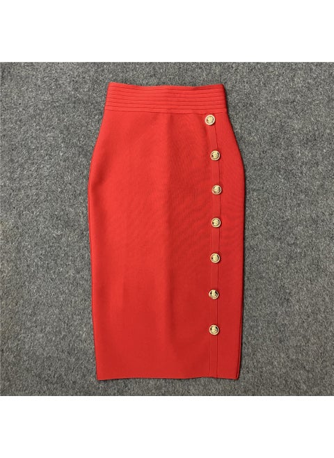 2022 Autumn New High-Waisted Slimming Single-Row Button Design Mid-Length Dress Tummy Control Shapewear Underneath Red