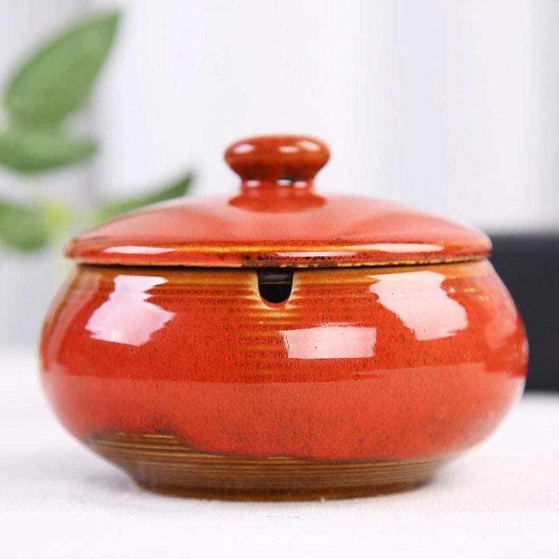Lidded Ceramic Ashtray - Deep Spacious Container With Anti-skid Bottom Vintage Decorative Ashtray for Indoor Outdoor Rustic Home Decor - Image 1