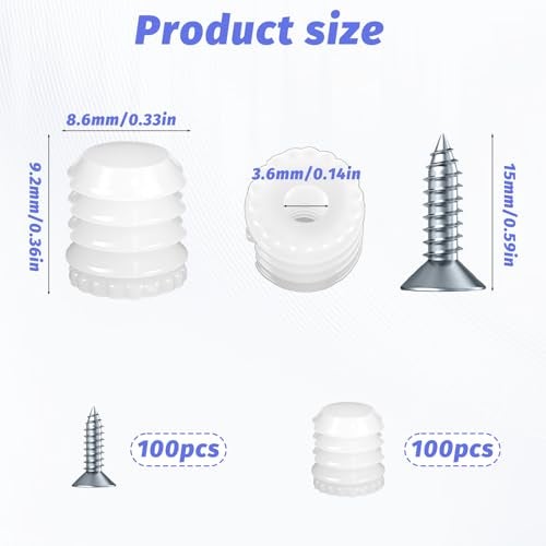Zyghjort 100 Pack Plastic Hinge Dowel Inserts with Screws, Plastic Dowel 8mm White Dowels Cabinet Door Hinge Dowels for Cabinet Door Drawer Bedside Table Repair Installation Replacement Bathroom Kitchen - Image 3