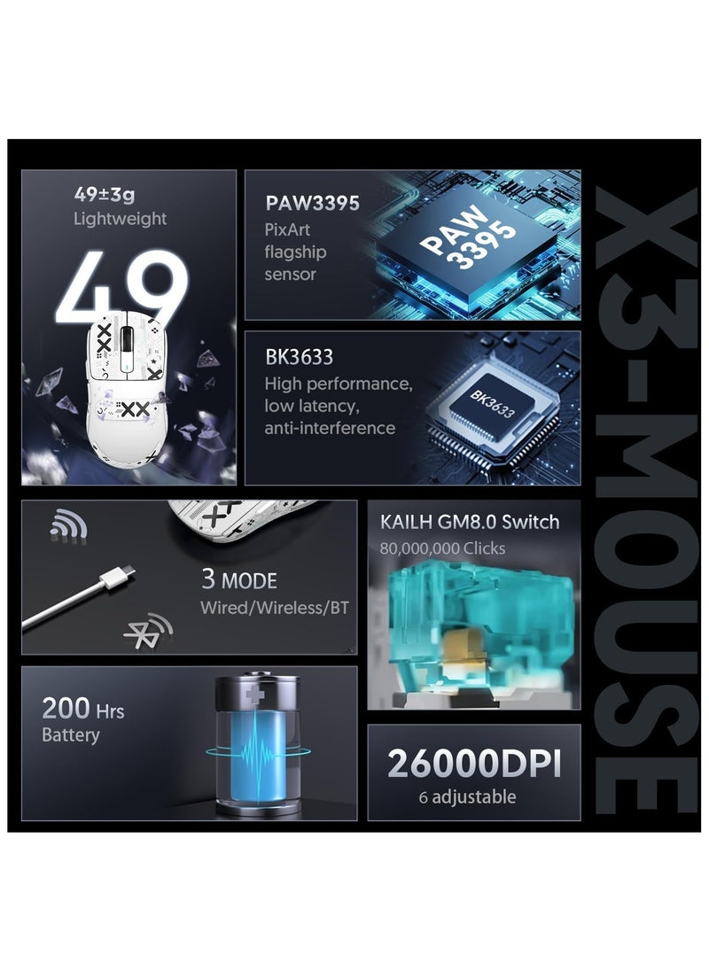 Attack Shark ATTACK SHARK X3 Wireless Gaming Mouse – Ultra-Light 49g Superlight Design – 26,000 DPI Optical Sensor – 2.4GHz Wireless, Bluetooth & Wired Connection – Programmable Buttons – RGB Lighting – Ergonomic Grip – Compatible with PC, Laptop, Mac (White)  - Image 3