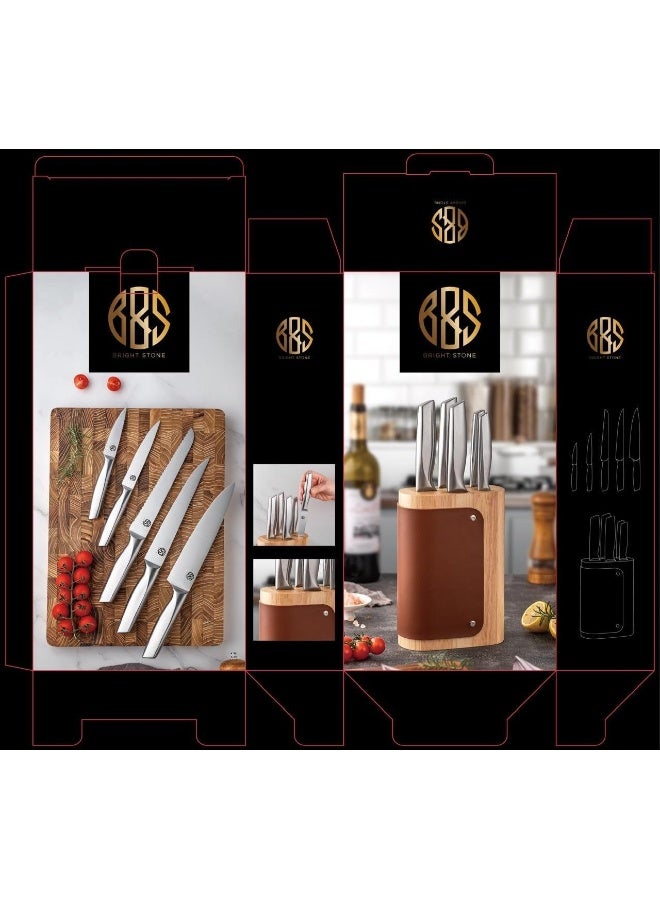 BS B&S Premium Kitchen Knife Block Set with Wooden Stand, Brown Leather Accent, Stainless Steel Blades  - Image 2