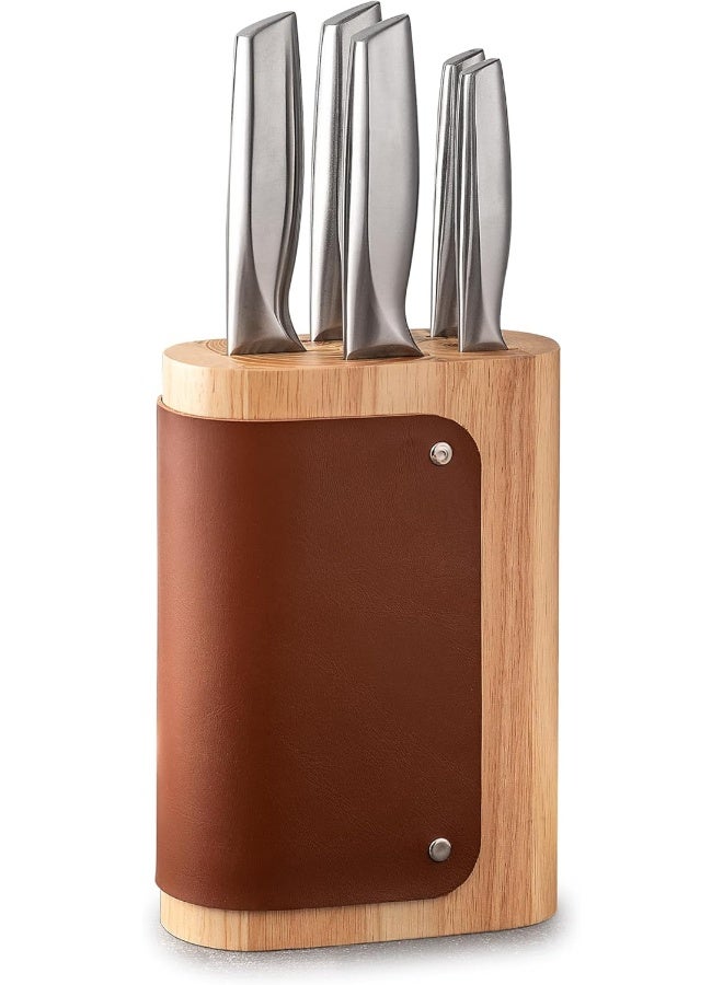 BS B&S Premium Kitchen Knife Block Set with Wooden Stand, Brown Leather Accent, Stainless Steel Blades  - Image 1