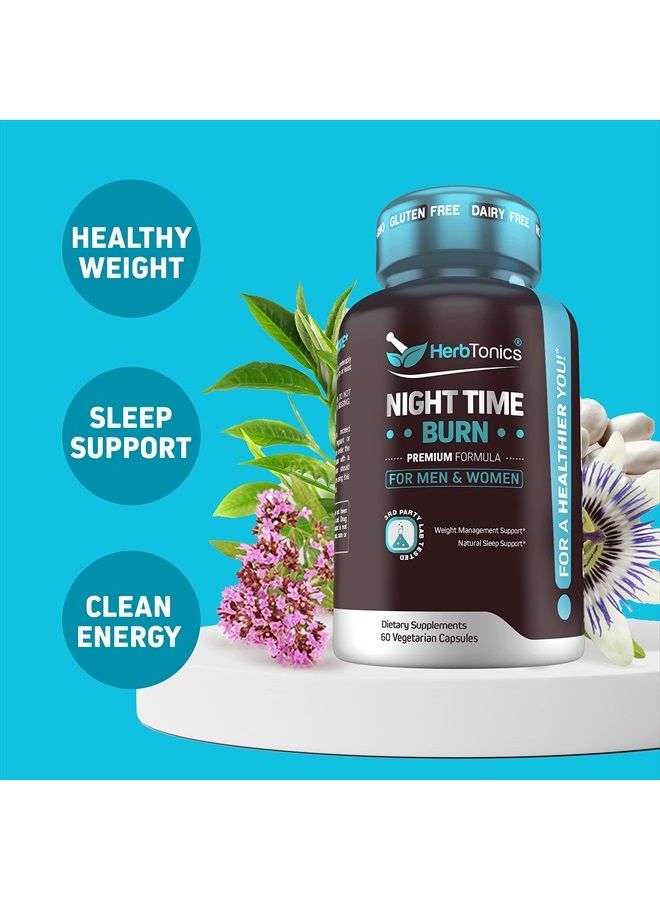 Herbtonics مكمل الوزن الليلي مع الميلاتونين لدعم النوم والتمثيل الغذائي | ميلاتونين و L-ثيانين للنساء والرجال | كبسولات غير معدلة وراثيًا وصديقة للنباتيين - Image 3
