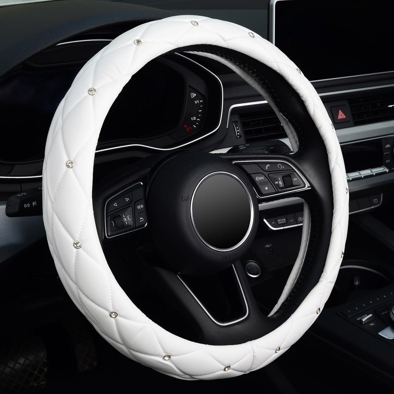 KAFEEK Diamond Soft Leather Steering Wheel Cover with Bling Bling Crystal Rhinestones Universal 15 inch Pure White - Image 2