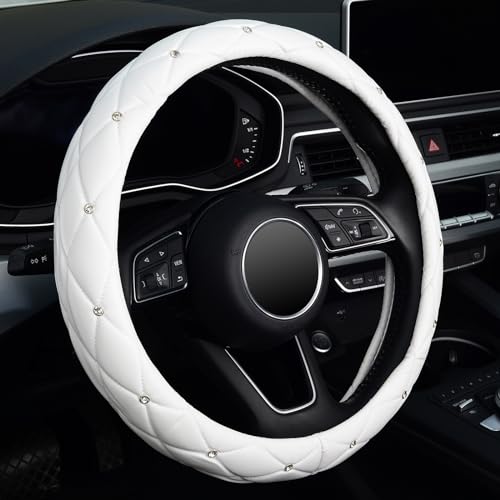 KAFEEK Diamond Soft Leather Steering Wheel Cover with Bling Bling Crystal Rhinestones Universal 15 inch Pure White - Image 1