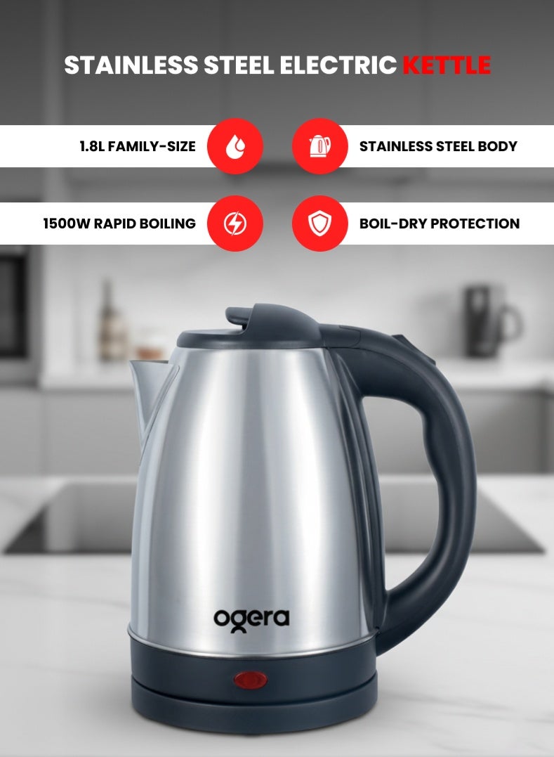 أوجيرا غلاية كهربائية Ogera طراز OG1509EK | غلاية من الفولاذ المقاوم للصدأ بسعة كبيرة 1.8 لتر | قوة 1500 واط لغلي سريع | إيقاف تلقائي وحماية من الغليان الجاف | غطاء مزود بقفل أمان | قاعدة دوارة 360° | مقبض مريح | ضمان لمدة سنتين - Image 1