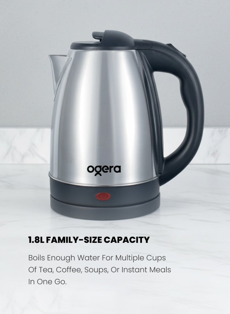 أوجيرا غلاية كهربائية Ogera طراز OG1509EK | غلاية من الفولاذ المقاوم للصدأ بسعة كبيرة 1.8 لتر | قوة 1500 واط لغلي سريع | إيقاف تلقائي وحماية من الغليان الجاف | غطاء مزود بقفل أمان | قاعدة دوارة 360° | مقبض مريح | ضمان لمدة سنتين - Image 3