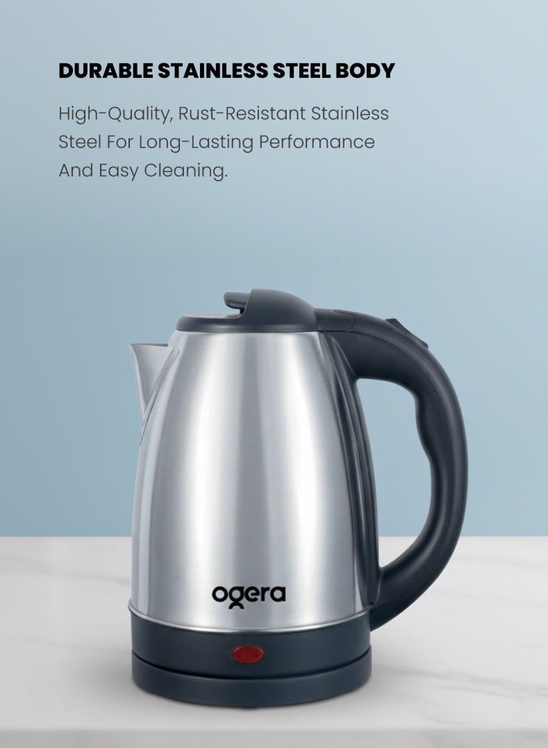 أوجيرا غلاية كهربائية Ogera طراز OG1509EK | غلاية من الفولاذ المقاوم للصدأ بسعة كبيرة 1.8 لتر | قوة 1500 واط لغلي سريع | إيقاف تلقائي وحماية من الغليان الجاف | غطاء مزود بقفل أمان | قاعدة دوارة 360° | مقبض مريح | ضمان لمدة سنتين - Image 4