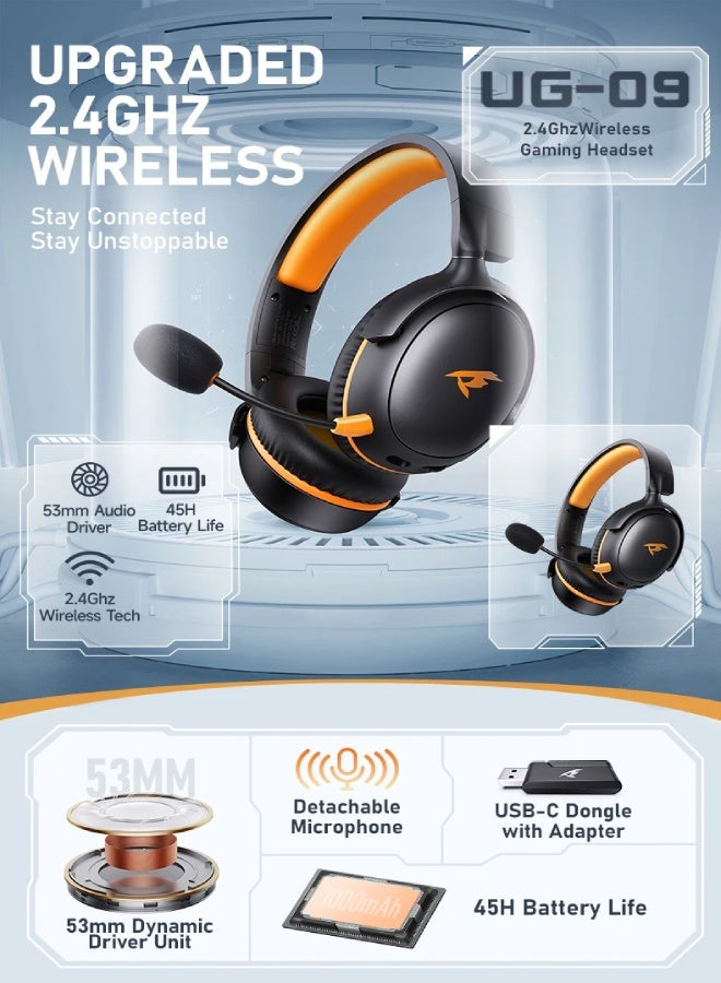 Picun UG-09 Wireless Gaming Headphones with Mic – Bluetooth 5.4 & 2.4GHz, 65H Battery, 53mm 3D Stereo Sound, ENC Noise Canceling, for PS5/PS4/PC/Mobile - Black & Orange - Image 3
