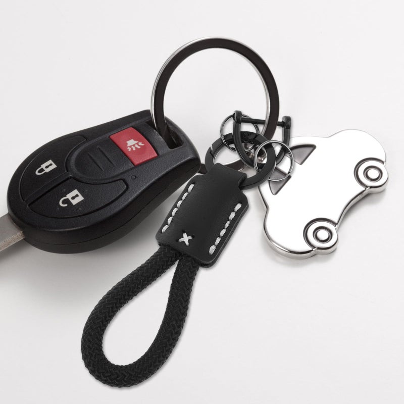 Braided Leather Keychain with Black Woven Strap Key Fob for Men Car Key Holder Accessory - Image 5