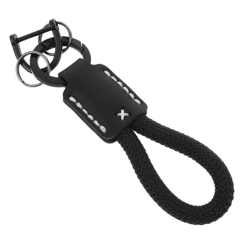 Braided Leather Keychain with Black Woven Strap Key Fob for Men Car Key Holder Accessory - Image 2