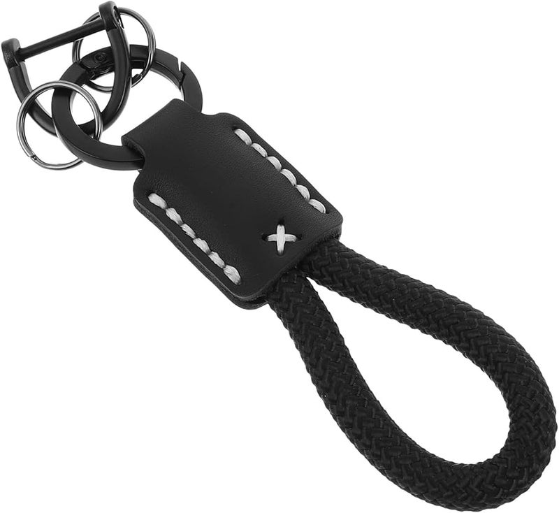 Braided Leather Keychain with Black Woven Strap Key Fob for Men Car Key Holder Accessory - Image 1