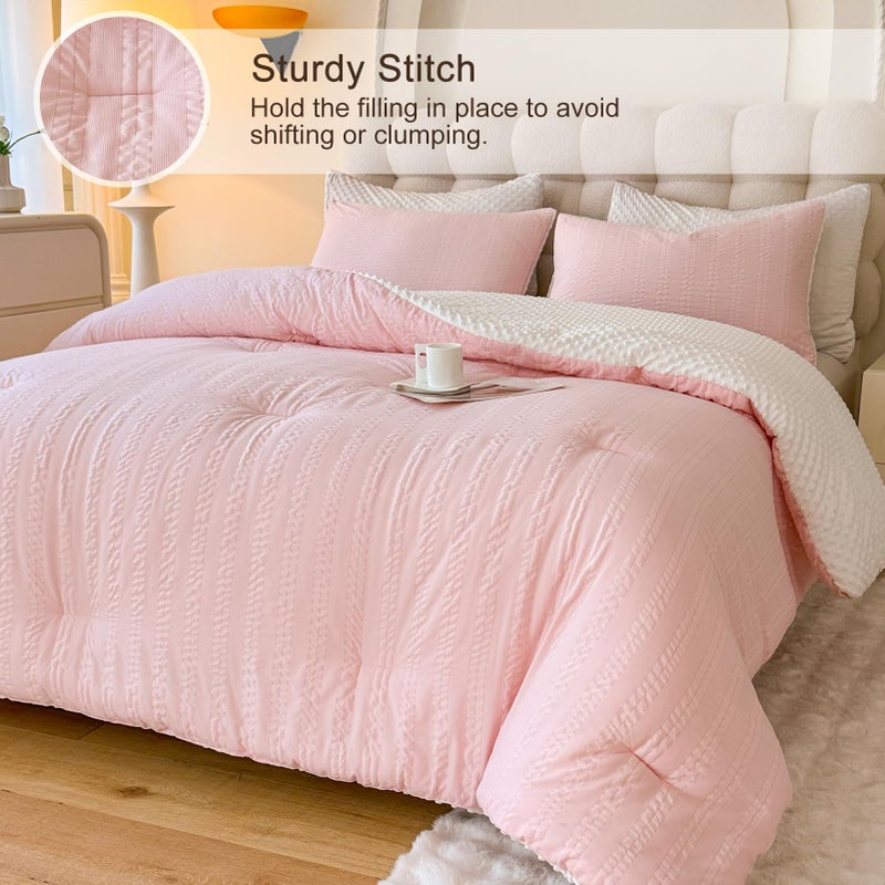 tohrisa Boho Comforter Set Full Size Striped Pleats Bohemian Seersucker Bedding Set All Season Soft Cozy 3 Pieces Quilt with 2 Pillowcases(80"X90" Blush Pink) - Image 2