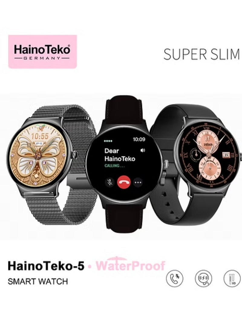 HainoTeko Super Slim Smart Watch for Ladies, Round Shape AMOLED Display, Waterproof, AI Voice Assistance, 3 Interchangeable Straps, Black – Stylish & Feature-Rich Fitness Tracker for Daily Use - Image 2