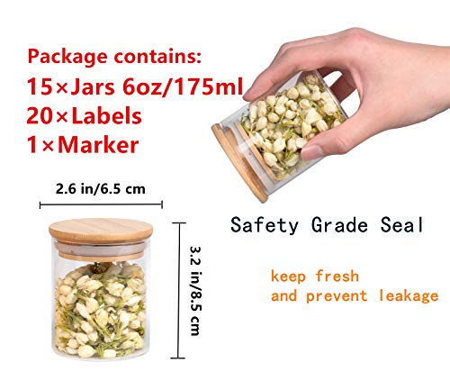 SODSAI 15 Piece Glass Storage Jars Set with Airtight Bamboo Lids and Labels,6oz Glass Spice Jar Mini Food Storage Containers for Home Kitchen,Pantry,Tea,Sugar,Salt,Coffee,Flour,Herbs,Grains - Image 2