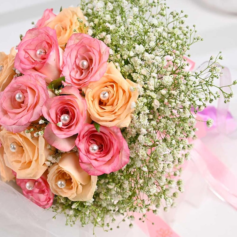 FlowerAura Fresh Live Flower Bouquet of 20 Pink Peach Roses For Birthday Gift Anniversary Gift Wedding Gift Valentines Day Gift Baby Shower Gift Bridal Bouquet For Bride Same Day Delivery - Image 3