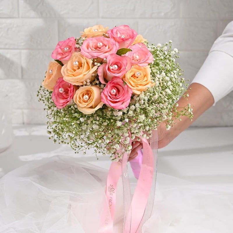 FlowerAura Fresh Live Flower Bouquet of 20 Pink Peach Roses For Birthday Gift Anniversary Gift Wedding Gift Valentines Day Gift Baby Shower Gift Bridal Bouquet For Bride Same Day Delivery - Image 1