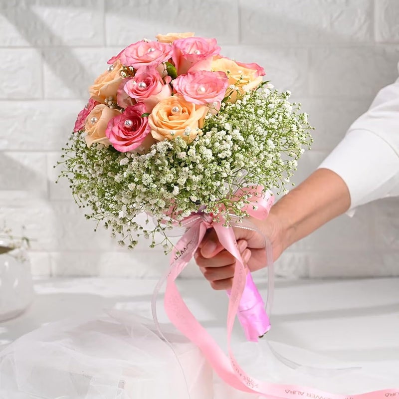 FlowerAura Fresh Live Flower Bouquet of 20 Pink Peach Roses For Birthday Gift Anniversary Gift Wedding Gift Valentines Day Gift Baby Shower Gift Bridal Bouquet For Bride Same Day Delivery - Image 5