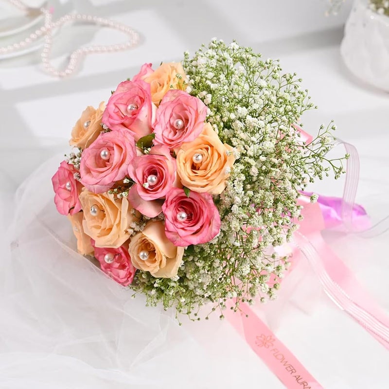 FlowerAura Fresh Live Flower Bouquet of 20 Pink Peach Roses For Birthday Gift Anniversary Gift Wedding Gift Valentines Day Gift Baby Shower Gift Bridal Bouquet For Bride Same Day Delivery - Image 2