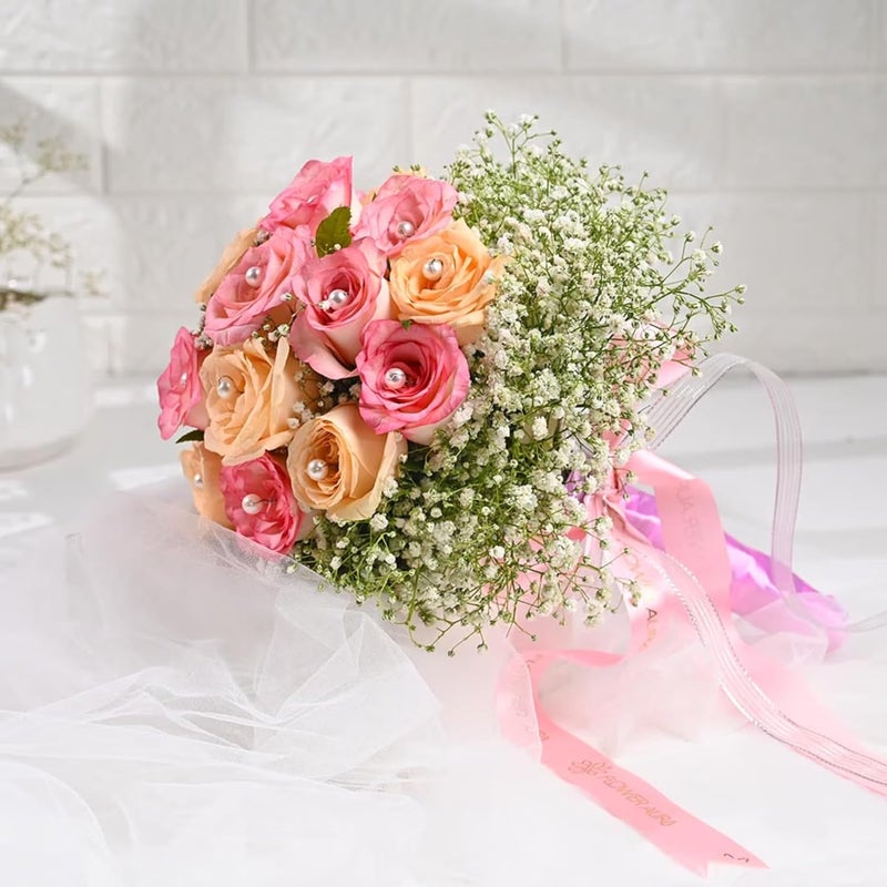 FlowerAura Fresh Live Flower Bouquet of 20 Pink Peach Roses For Birthday Gift Anniversary Gift Wedding Gift Valentines Day Gift Baby Shower Gift Bridal Bouquet For Bride Same Day Delivery - Image 4