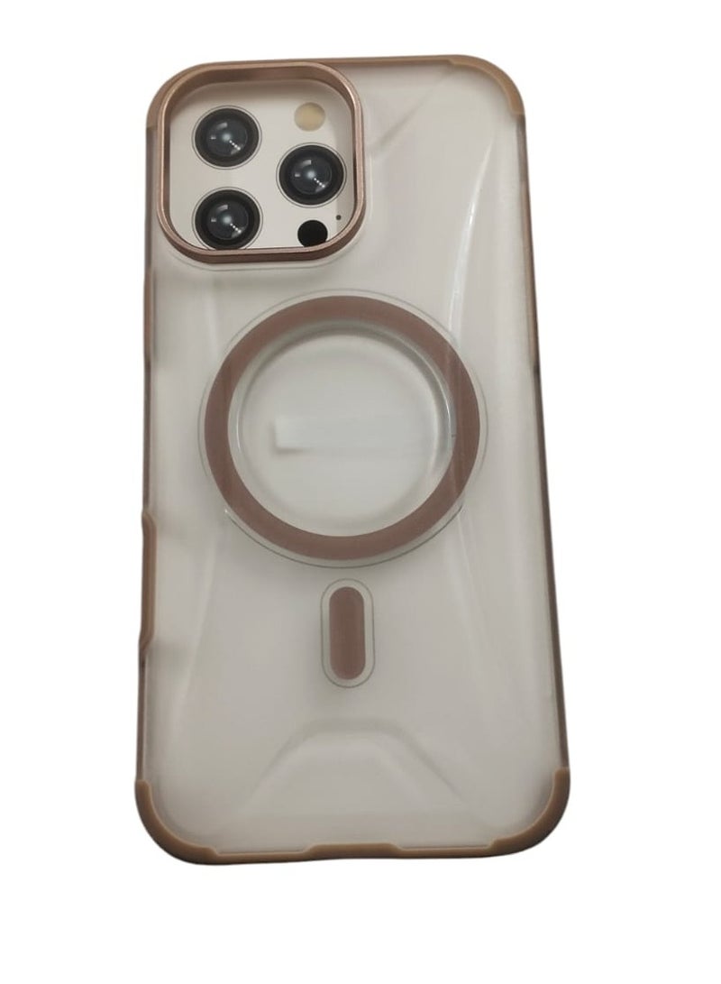 Shockproof Leather Phone Case with Wireless Charger Magsafe Case for iPhone 16 Pro Max pink/Clear
