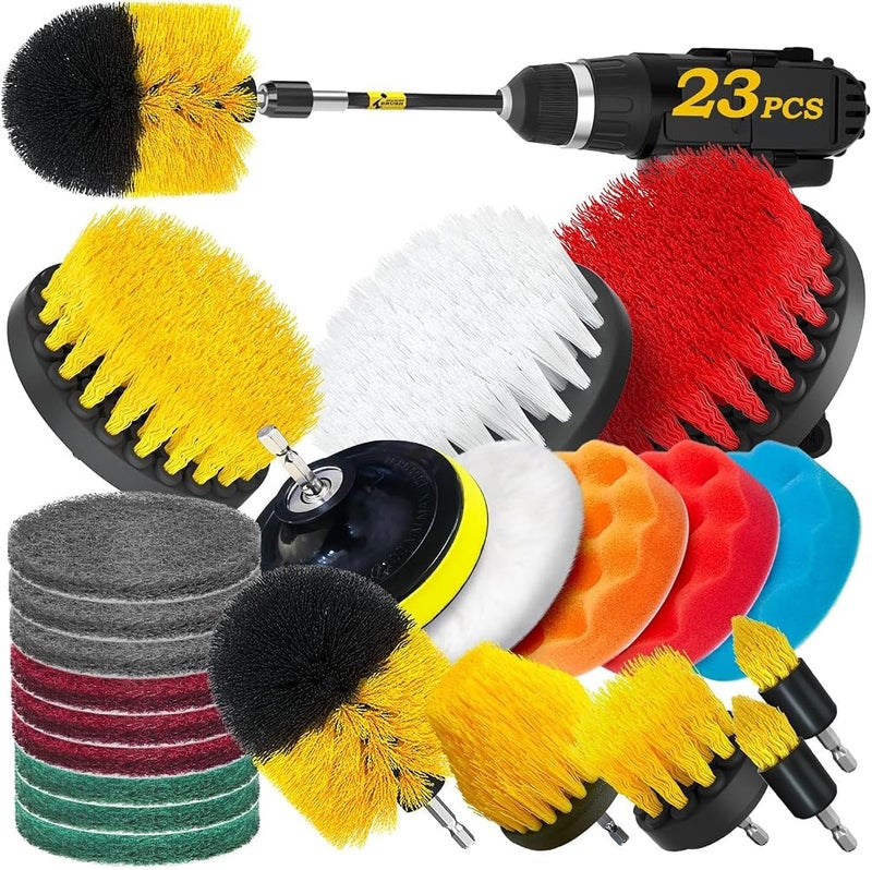23Pack Drill Brush Attachments Set, Scrub Pads & Sponge, Buffing Pads, Power Scrubber Brush with Extend Long Attachment, Car Polishing Pad Kit,Cleaning Supplies，Shower Scrub,Scratch Brushes - Image 1