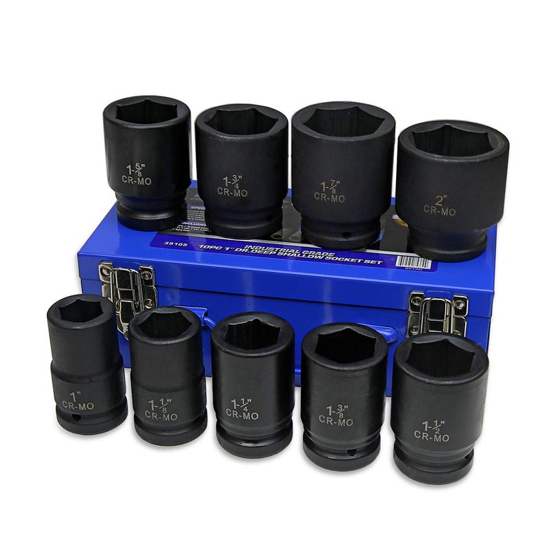 Stark USA 9-Pieces 1" Drive Deep Impact Socket Set 6-Point (1-Inch - 2-Inch) Heavy Duty CR-MO, Truck Tire Service, Mechanical Equipment Maintance Set SAE Carrying Case - Image 1