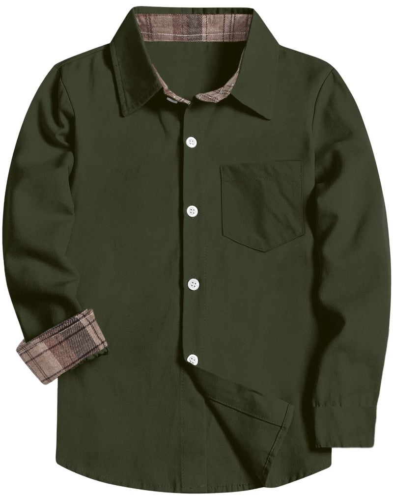 SANGTREE Mens and Boys Cotton Button Down Dress Shirts Casual Long Sleeve Shirt with Single Chest Pocket, Cotton Army Green, 5-6 Years - Image 1