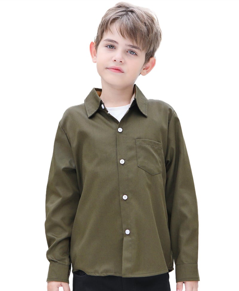 SANGTREE Mens and Boys Cotton Button Down Dress Shirts Casual Long Sleeve Shirt with Single Chest Pocket, Cotton Army Green, 5-6 Years - Image 2