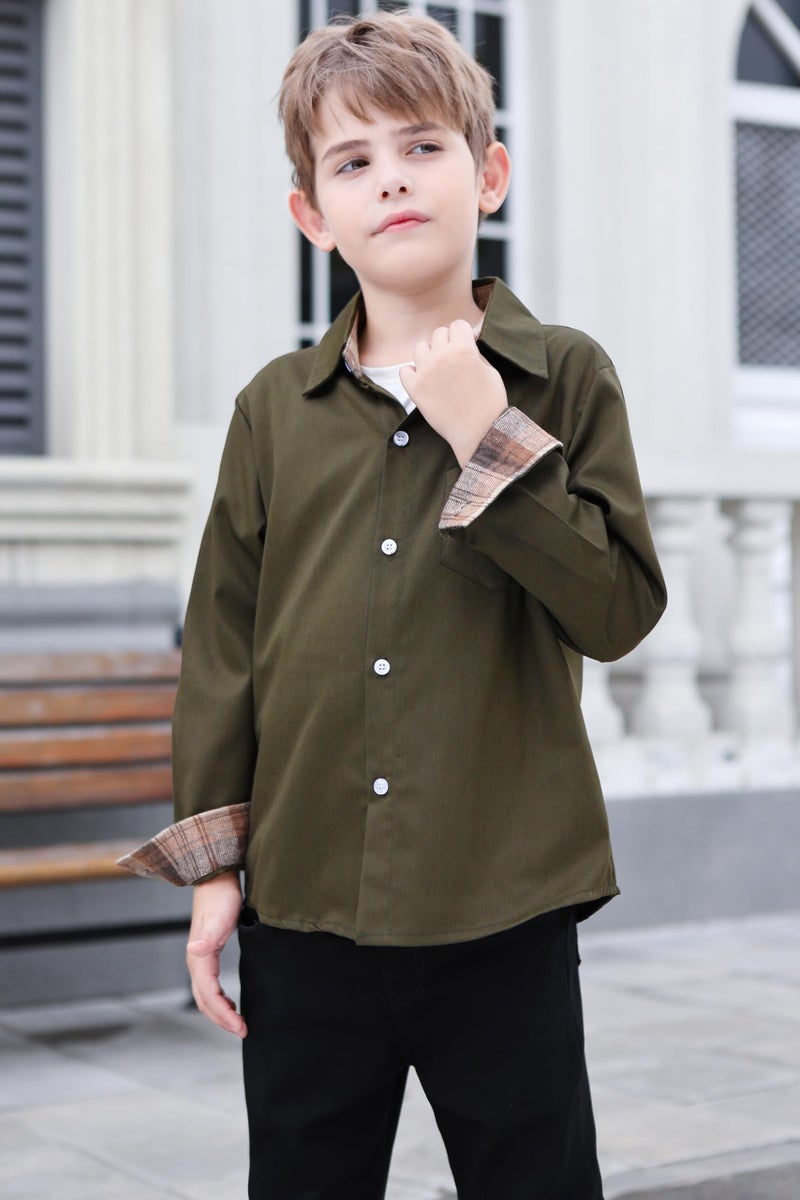 SANGTREE Mens and Boys Cotton Button Down Dress Shirts Casual Long Sleeve Shirt with Single Chest Pocket, Cotton Army Green, 5-6 Years - Image 4