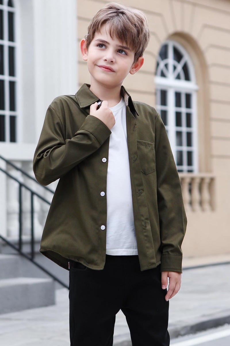 SANGTREE Mens and Boys Cotton Button Down Dress Shirts Casual Long Sleeve Shirt with Single Chest Pocket, Cotton Army Green, 5-6 Years - Image 3