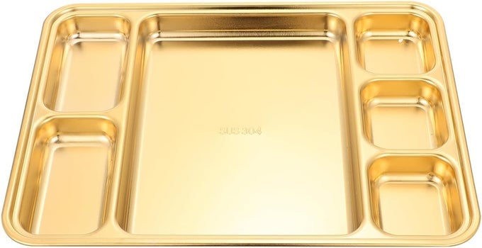 DINNER PLATES PORTION CONTROL PLATE STAINLESS STEEL DIVIDED TRAY WITH 6 COMPARTMENTS RETANGULAR DIVIDED DISH METAL LUNCH TRAY FOR HOME OFFICE WORK DINNER PLATTER CUPCAKE CONTAINERS