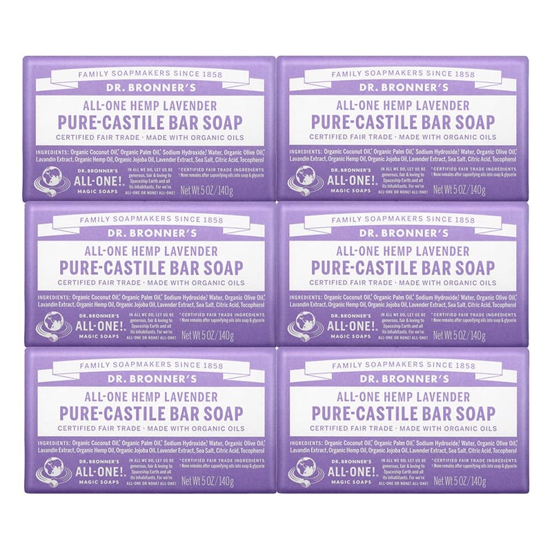 Dr Bronners  PureCastile Bar Soap Lavender 5 ounce 6Pack  Made with Organic Oils For Face Body and Hair Gentle and Moisturizing Biodegradable Vegan Crueltyfree NonGMO