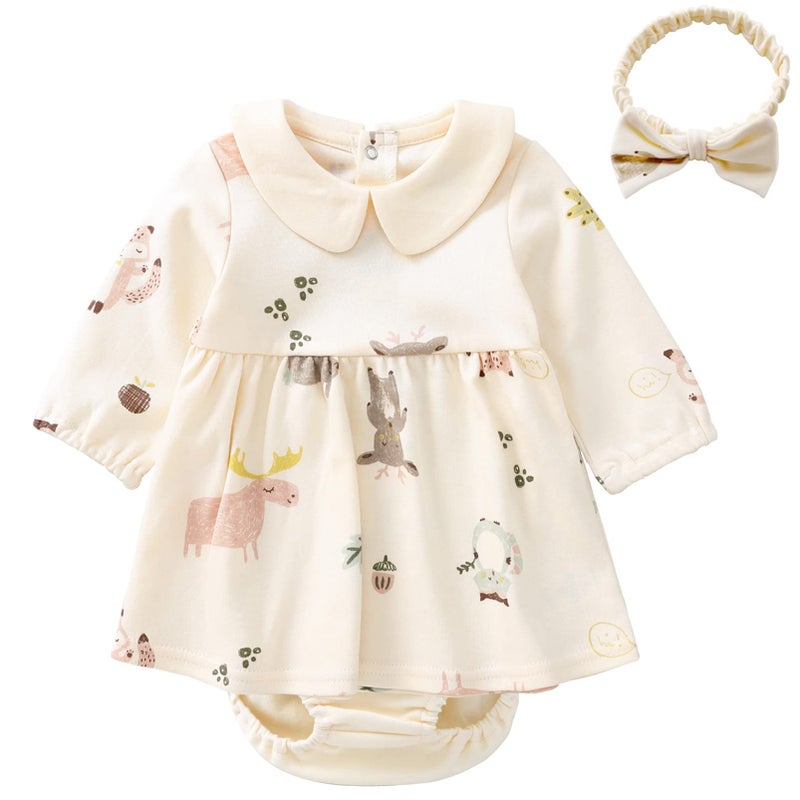 Pureborn Baby Girl Dress Infant Long Sleeve Peter-Pan Collar Spring Fall Cotton Playwear Dresses Beige 3-6 Months - Image 1