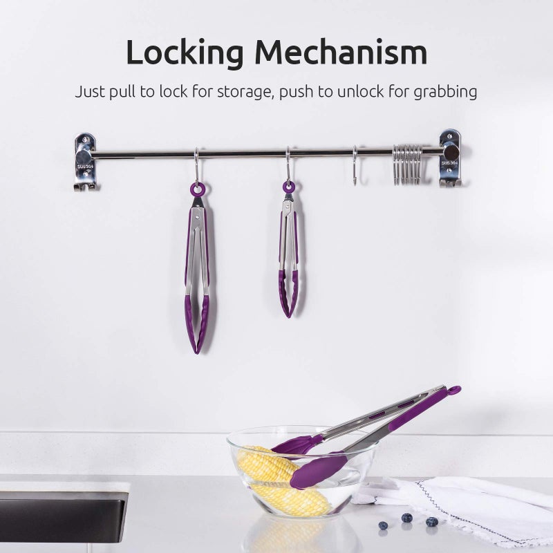 U-Taste Kitchen Tongs, 7/9/12 inches Cooking Tongs, with 600ÂºF High Heat-Resistant Non-Stick Silicone Tips, 18/8 Stainless Steel Handle, for Food Grill, Salad, BBQ, Frying, Serving, Pack of 3(Purple) - Image 5