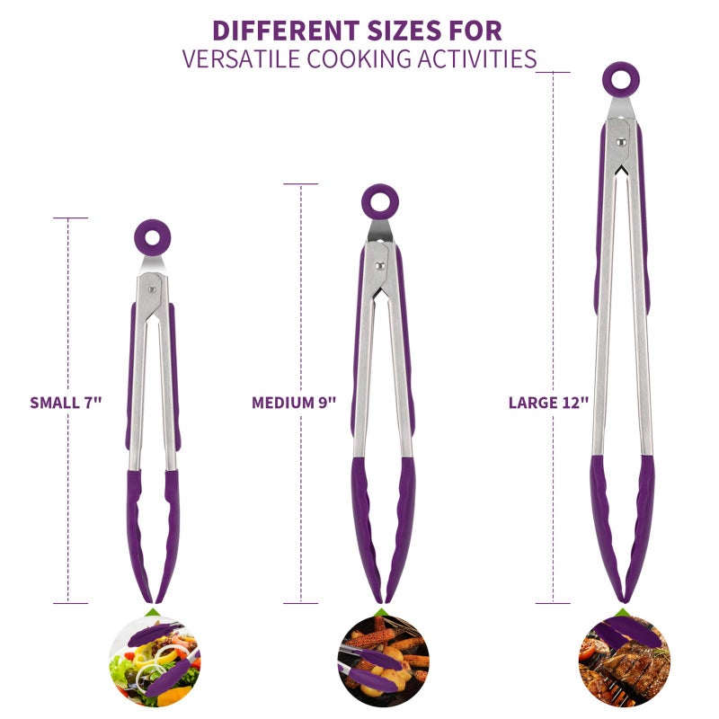 U-Taste Kitchen Tongs, 7/9/12 inches Cooking Tongs, with 600ÂºF High Heat-Resistant Non-Stick Silicone Tips, 18/8 Stainless Steel Handle, for Food Grill, Salad, BBQ, Frying, Serving, Pack of 3(Purple) - Image 2