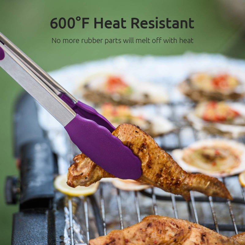 U-Taste Kitchen Tongs, 7/9/12 inches Cooking Tongs, with 600ÂºF High Heat-Resistant Non-Stick Silicone Tips, 18/8 Stainless Steel Handle, for Food Grill, Salad, BBQ, Frying, Serving, Pack of 3(Purple) - Image 3