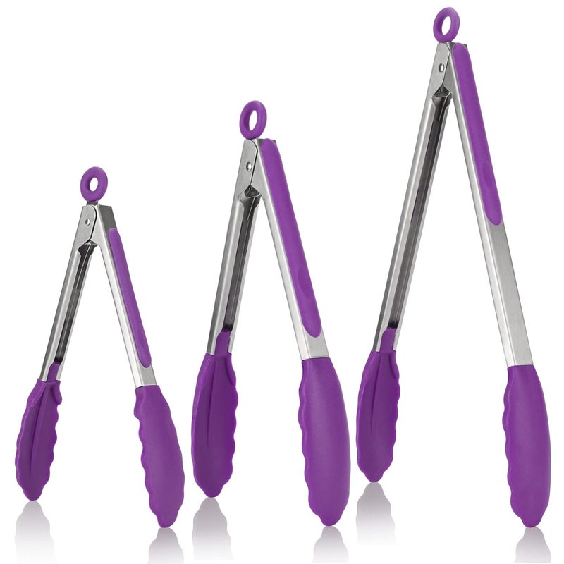 U-Taste Kitchen Tongs, 7/9/12 inches Cooking Tongs, with 600ÂºF High Heat-Resistant Non-Stick Silicone Tips, 18/8 Stainless Steel Handle, for Food Grill, Salad, BBQ, Frying, Serving, Pack of 3(Purple) - Image 1