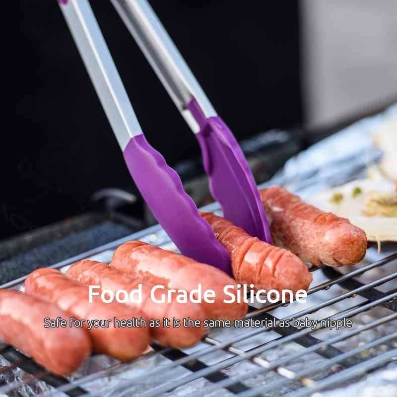 U-Taste Kitchen Tongs, 7/9/12 inches Cooking Tongs, with 600ÂºF High Heat-Resistant Non-Stick Silicone Tips, 18/8 Stainless Steel Handle, for Food Grill, Salad, BBQ, Frying, Serving, Pack of 3(Purple) - Image 4