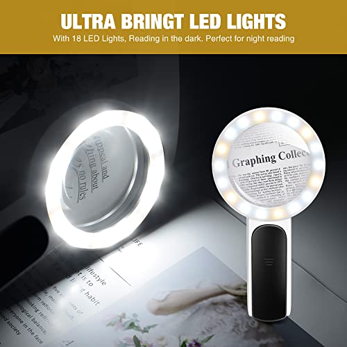 JMH Magnifying Glass with Light, High Magnification Handheld Large Magnifying Glass 18LED Cold and Warm Light with 3 Modes, Illuminated Lighted Magnifier for Seniors Reading, Coins, Jewelry, Exploring - Image 5