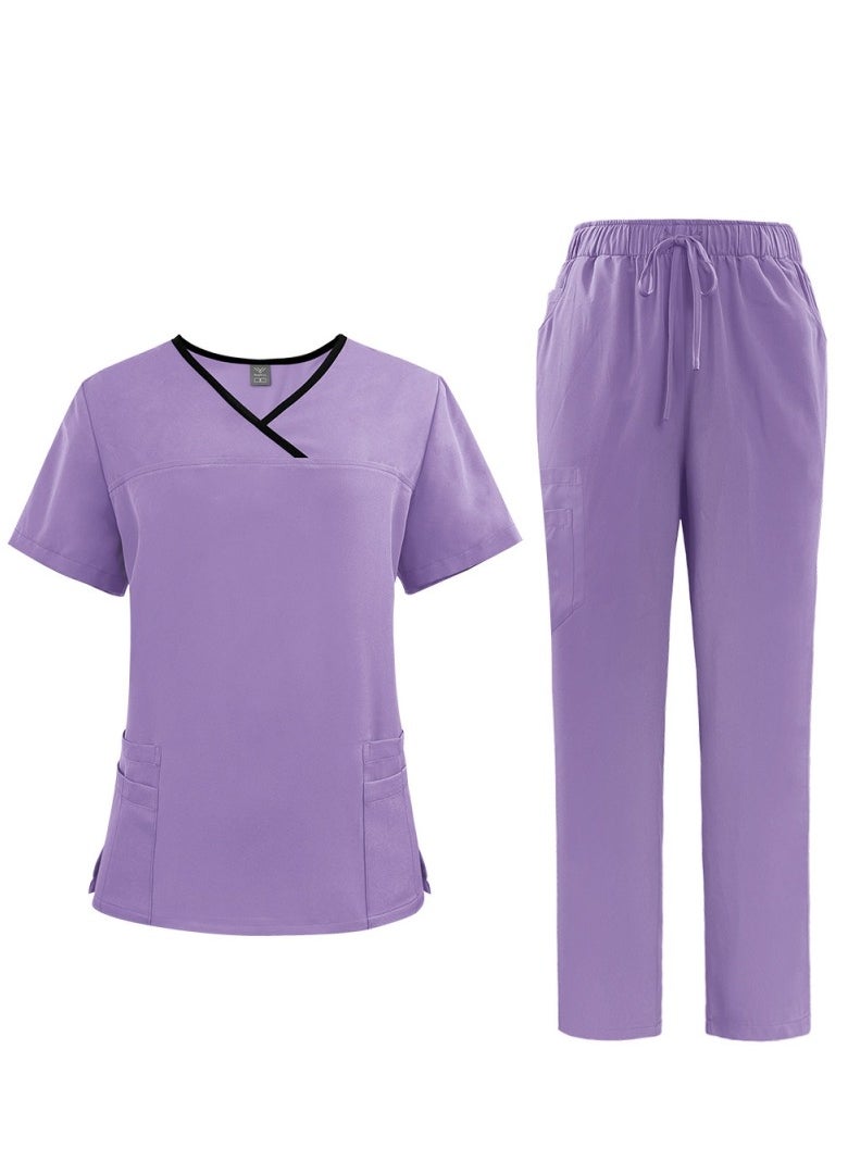 Loquat Womens Medical Uniform Scrubs 2 Piece Set V-Neck Top and Elastic Waist Straight Pants Suit Purple 