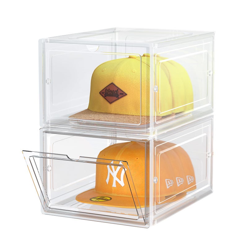 SCAVATA Hat Organizer Box Stackable Clear Baseball Caps Holder Box Containers with Magnetic Door for Hats Snapback Cap Storag Hat Rack Display Case Holds 8 Hats Each Clear 2 Pack - Image 2