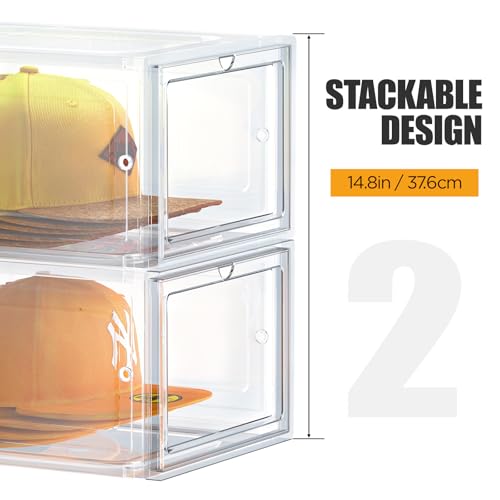 SCAVATA Hat Organizer Box Stackable Clear Baseball Caps Holder Box Containers with Magnetic Door for Hats Snapback Cap Storag Hat Rack Display Case Holds 8 Hats Each Clear 2 Pack - Image 3