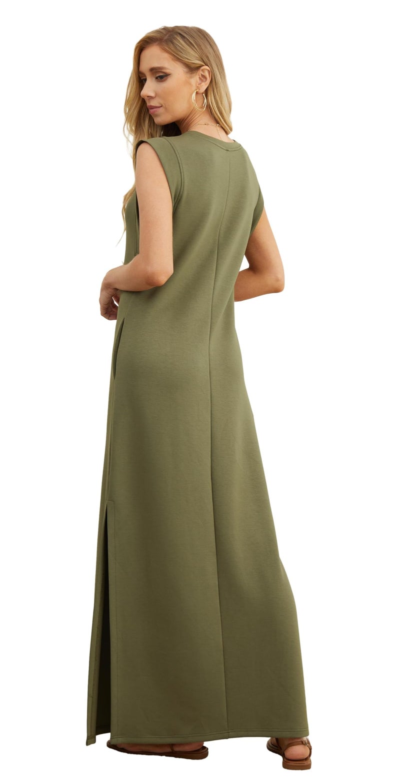 GRECERELLE Women's Summer Crew Neck Loose Split Casual Long Maxi Beach Dress with Pockets (Small, Army Green) - Image 5