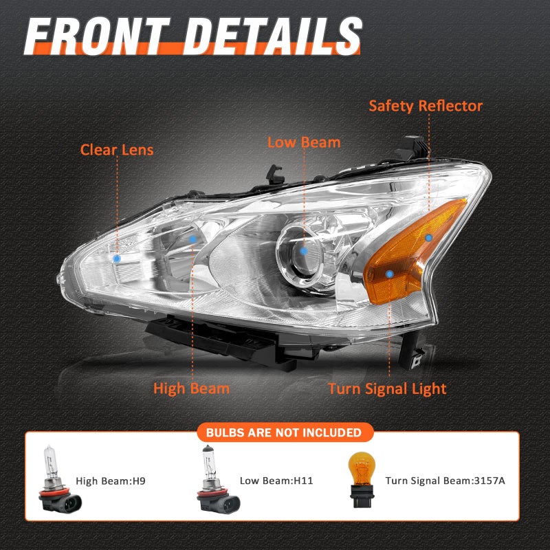 AXLAHA for 2013 2014 2015 Nissan Altima Headlight Assembly Compatible with 13-15 Altima S/SL/SV Headlamp Only fit 4 Door Chrome Housing Amber Reflector Driver and Passenger Side - Image 3