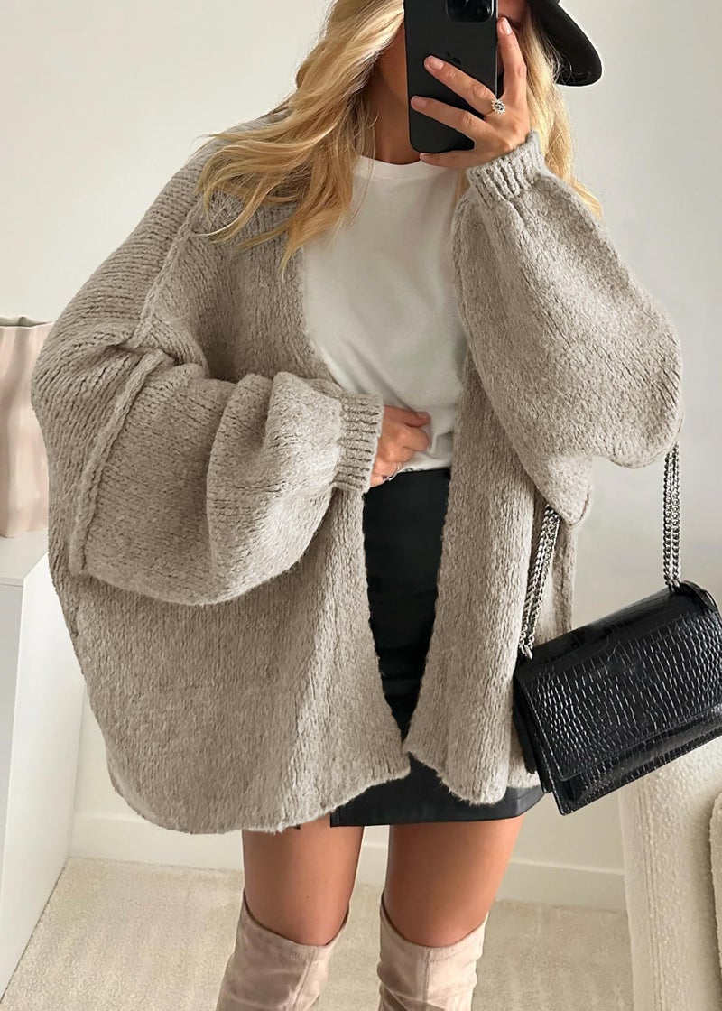 ATHMILE Womens Fall Oversized Cardigan Sweaters Long Lantern Sleeve Knit Open Front Lightweight Winter Fashion Clothes 2026 Grey Beige - Image 2