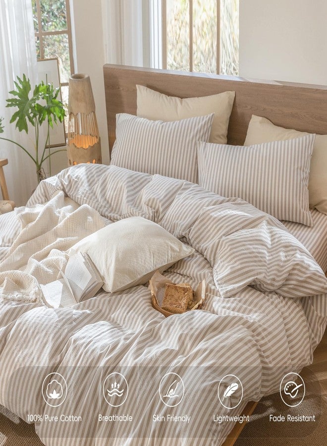 MooMee Striped Duvet Cover Set 100% Washed Cotton Linen Like Textured Breathable Durable Soft Comfy (Tannish Linen Grey White Classic Stripes, Oversized Queen 98"x98") - Image 4