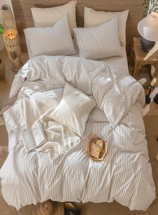 MooMee Striped Duvet Cover Set 100% Washed Cotton Linen Like Textured Breathable Durable Soft Comfy (Tannish Linen Grey White Classic Stripes, Oversized Queen 98"x98") - Image 5